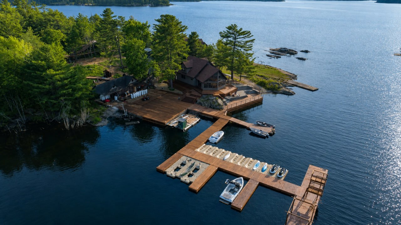 Aerial of the private dock complex with boats and Georgian Bay — golden hour